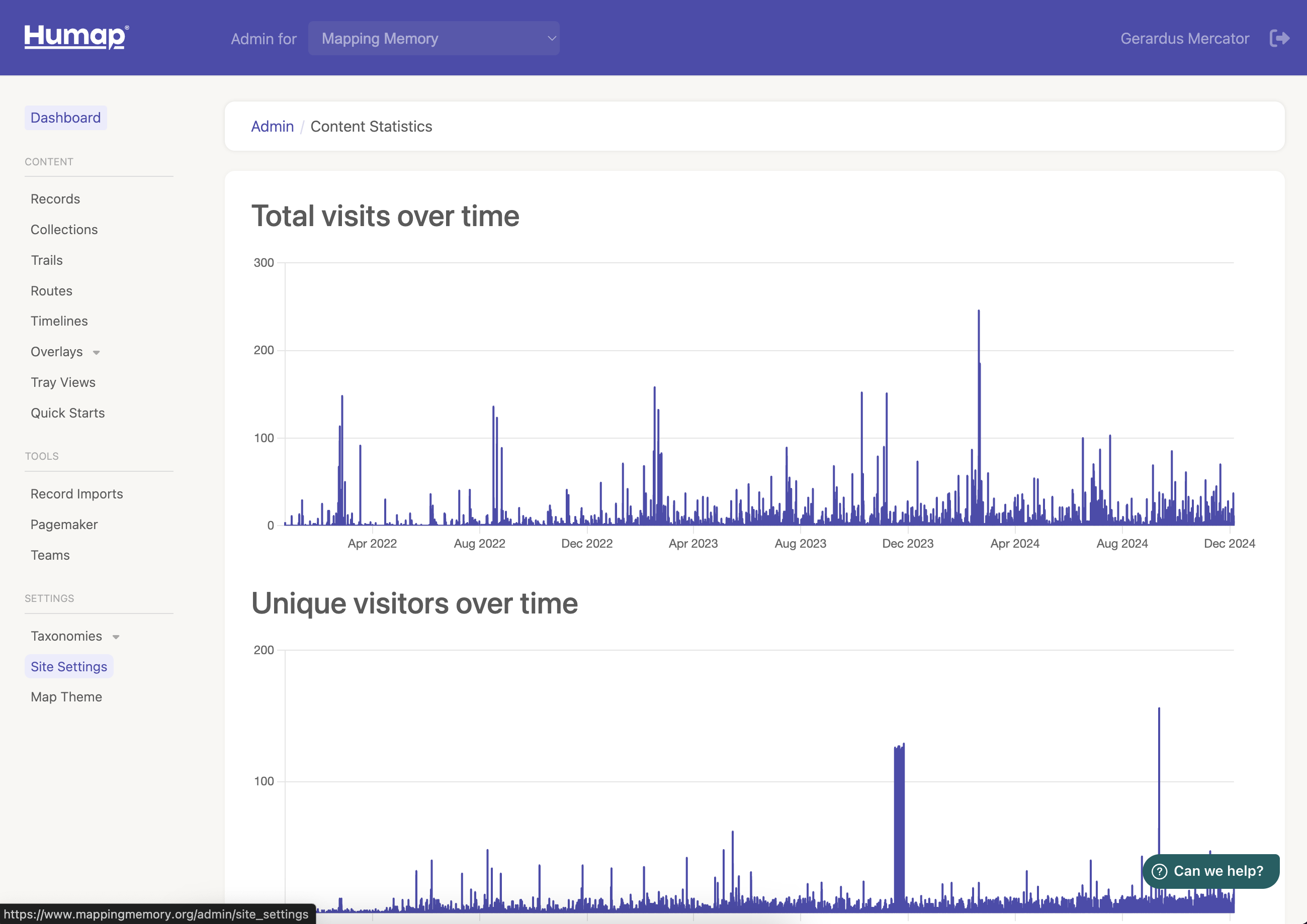 A screenshot of the dashboard with the Site Settings button highlighted