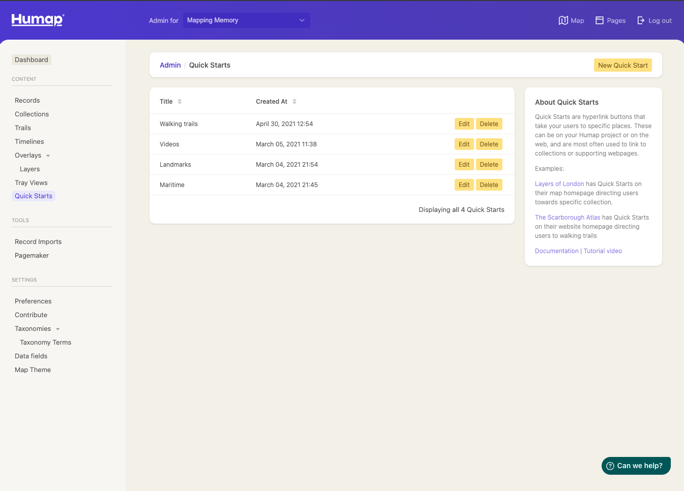 A screenshot demonstrating how to create Quick Starts