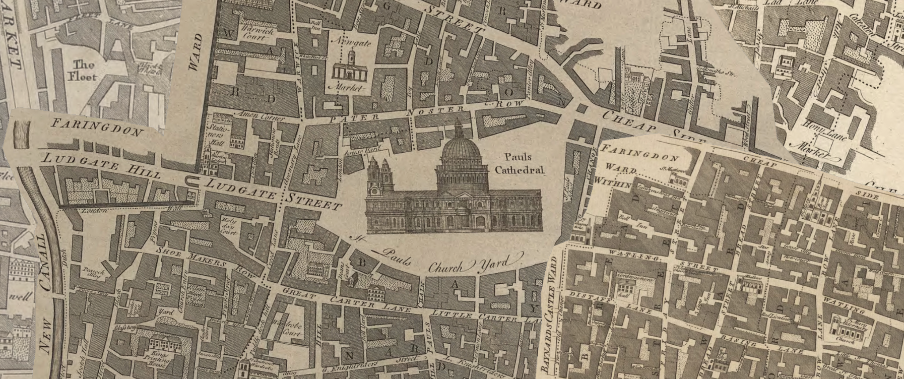 A screenshot of a georeferenced 1756 map of London, focussed on St Paul's Cathedral